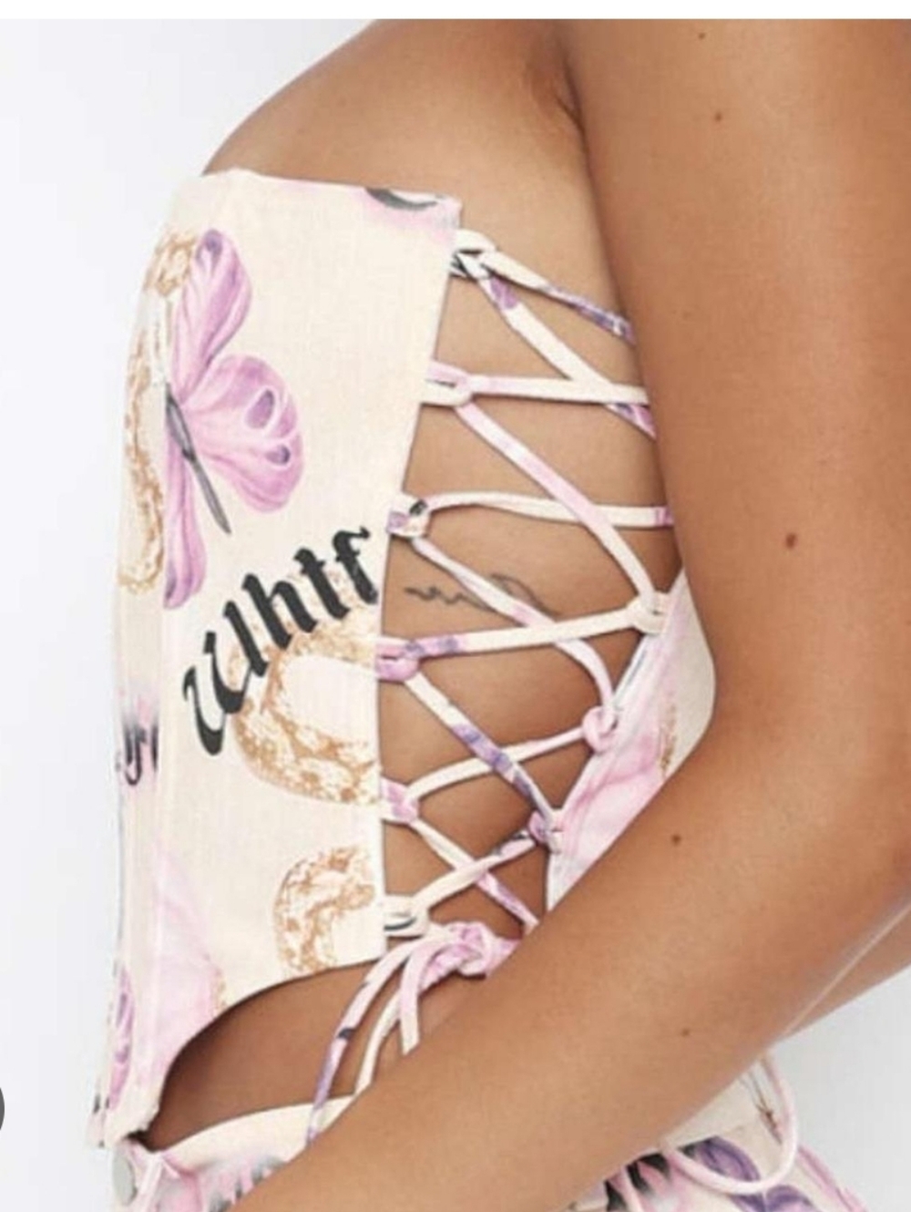 White Fox Corset Y2K Strappy Floral Lace-Up Side Top Pink 2000s Festival Boho